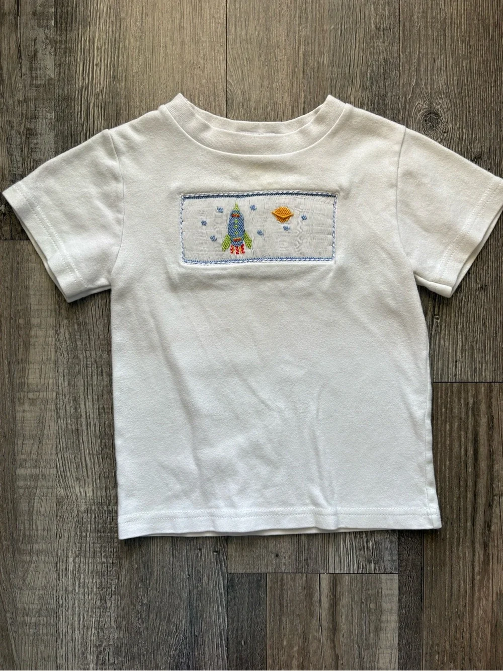 White Smocked Short-Sleeve Kids Tee with Embroidered Rocket